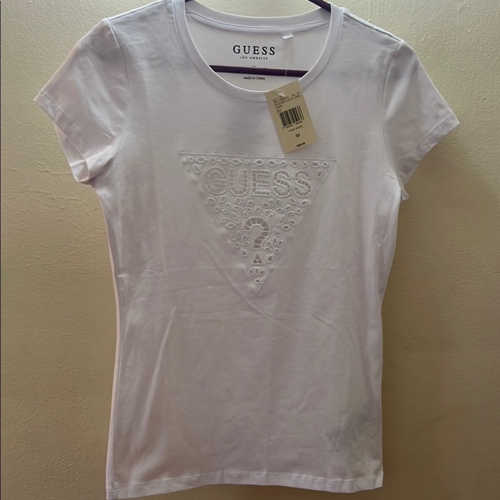 GUESS Short Sleeve White Tee with Embroidery